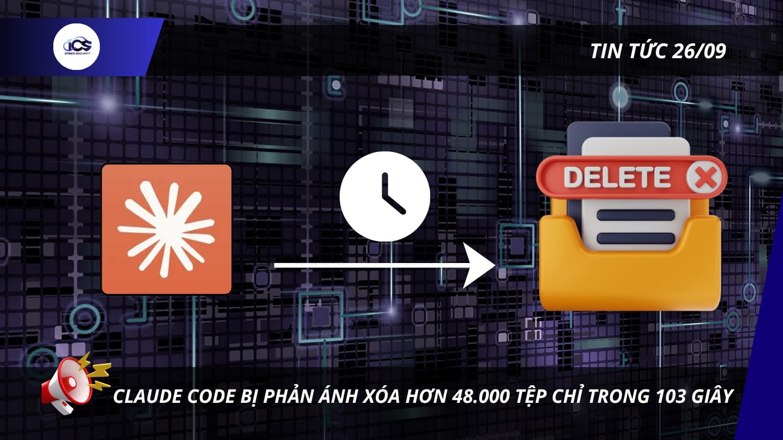 Hình minh họa cho bài viết: BẢN TIN AN NINH MẠNG 26/09/2026
CLAUDE CODE BỊ PHẢN ÁNH XÓA HƠN 48.000 TỆP CHỈ TRONG 103 GIÂY