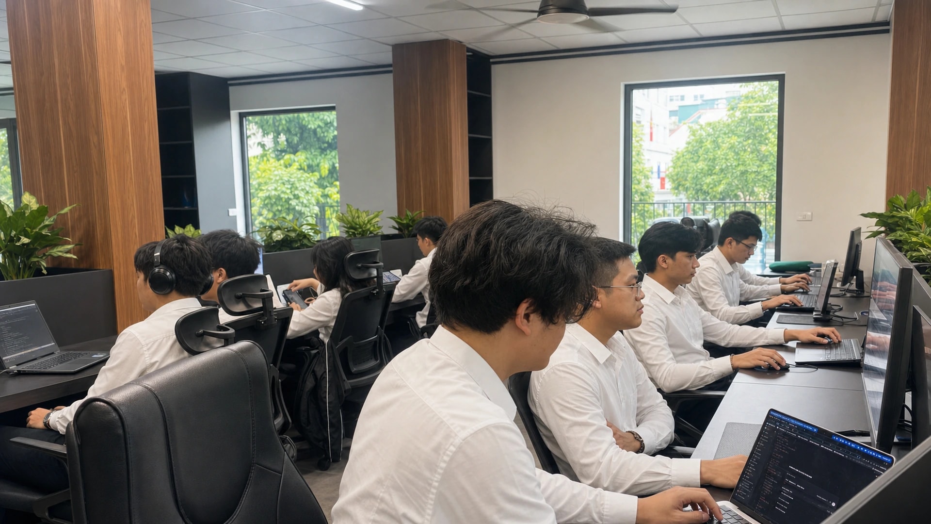 Nhóm chuyên gia công nghệ trao đổi trong không gian làm việc