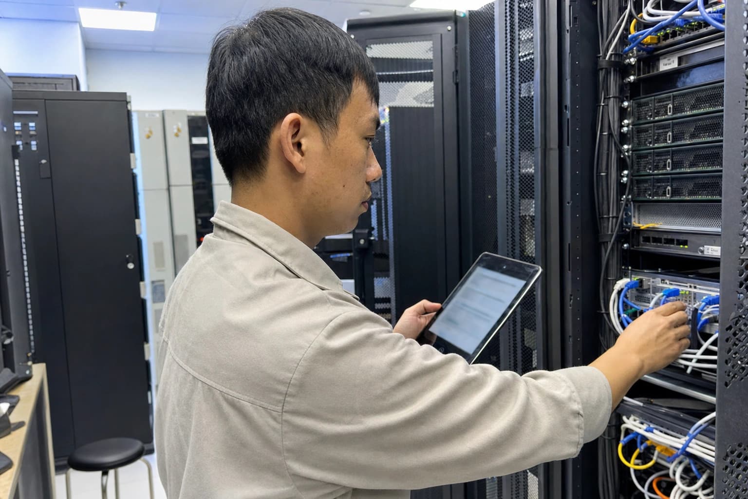 Kỹ sư hạ tầng kiểm tra kết nối rack trong một bước xác minh cấu hình