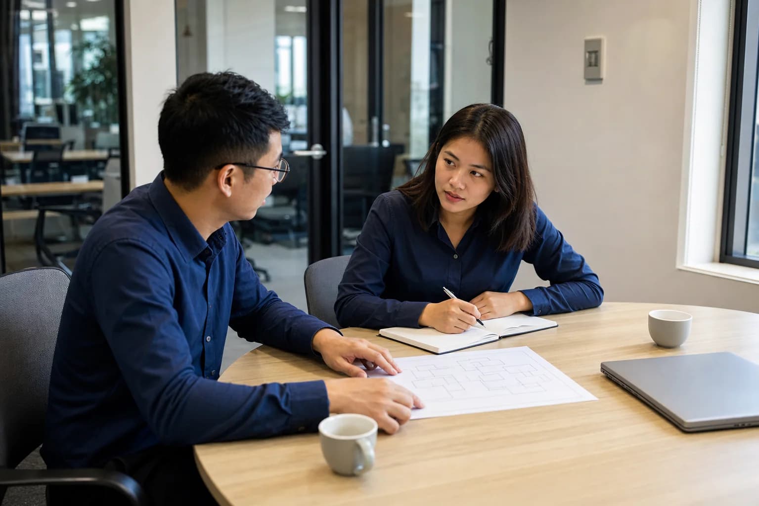 Chuyên gia giải pháp và phụ trách nghiệp vụ cùng phác thảo hành trình hội thoại trên bản vẽ