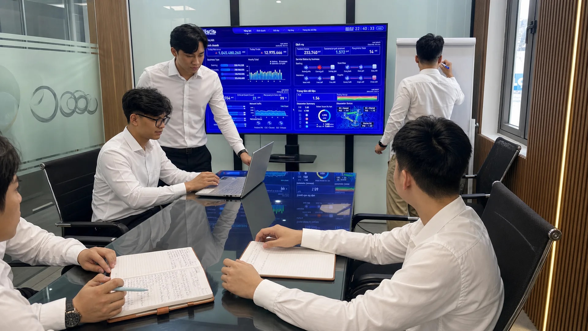 企業チームがプロジェクト成果と運用結果を確認している様子