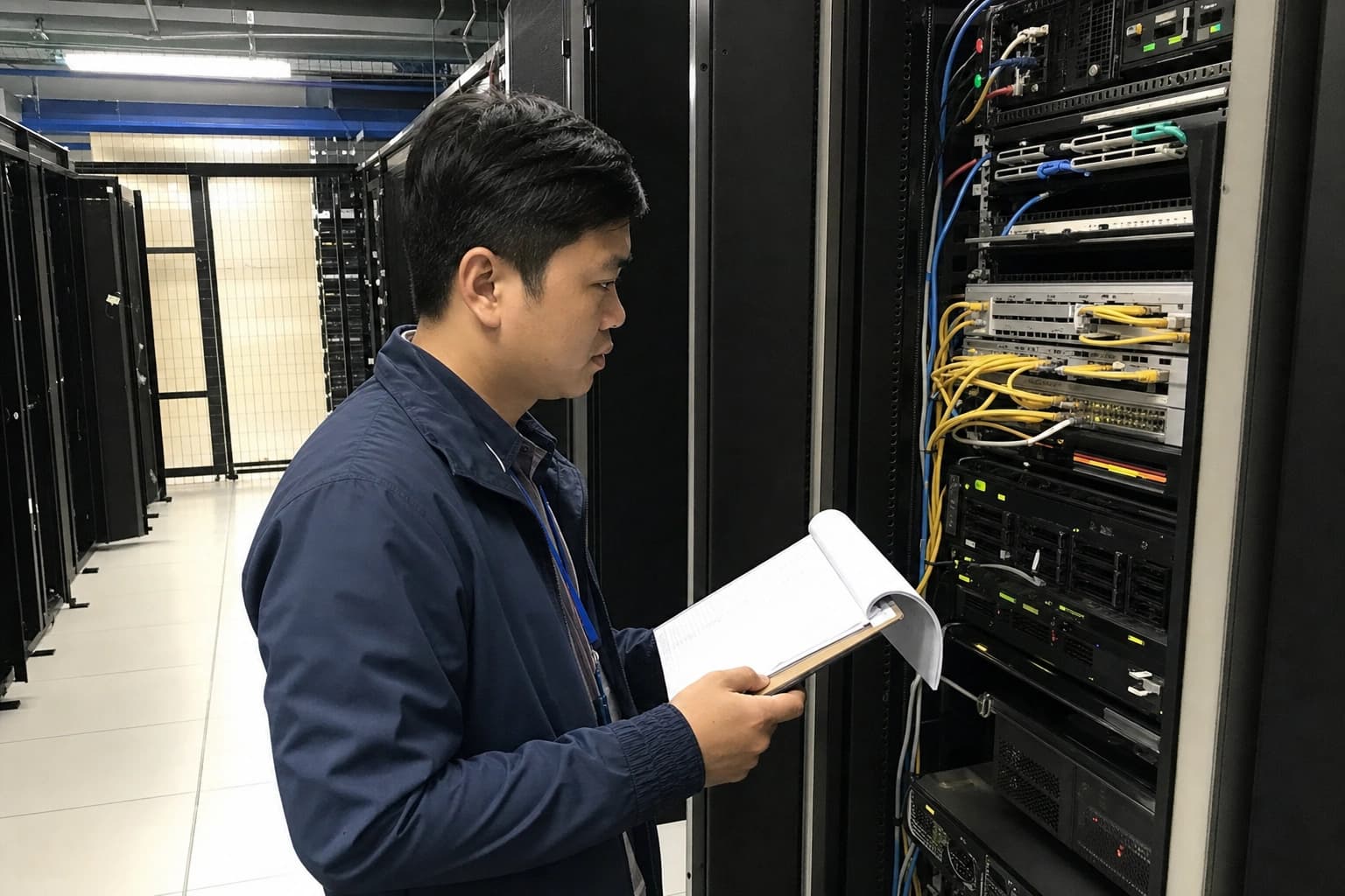 Kiến trúc sư an ninh đối chiếu workbook đánh giá với thiết bị mạng trong phòng máy