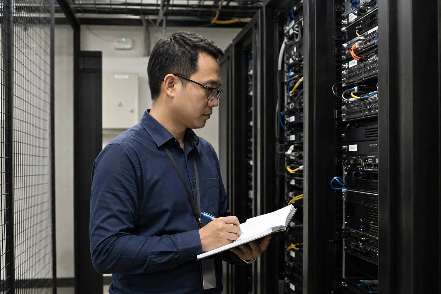 Chuyên gia assurance ghi nhận trạng thái thiết bị và bằng chứng kiểm soát trong trung tâm dữ liệu