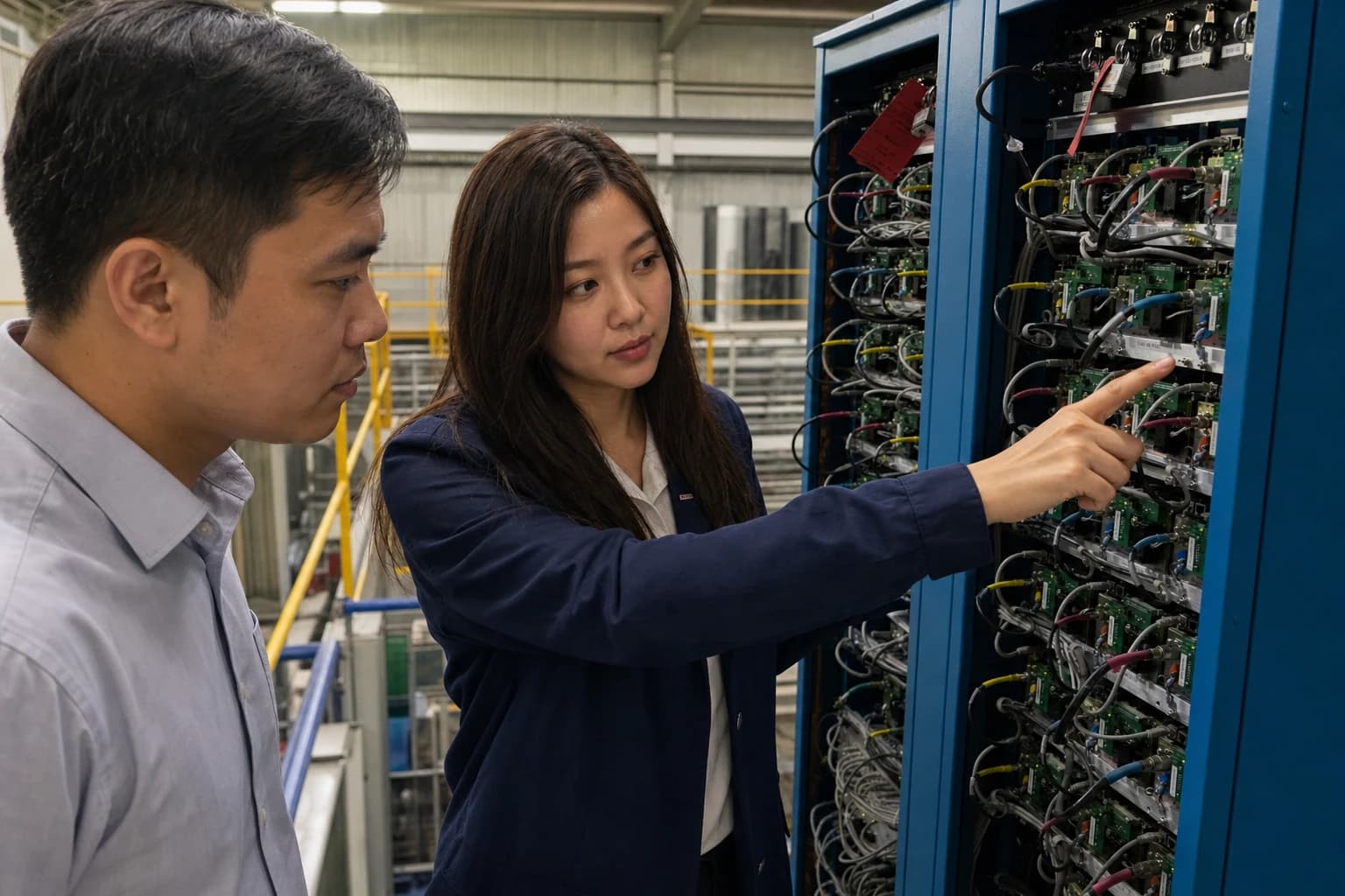 Two Vietnamese engineers checking a connection and handover checklist beside an industrial network cabinet