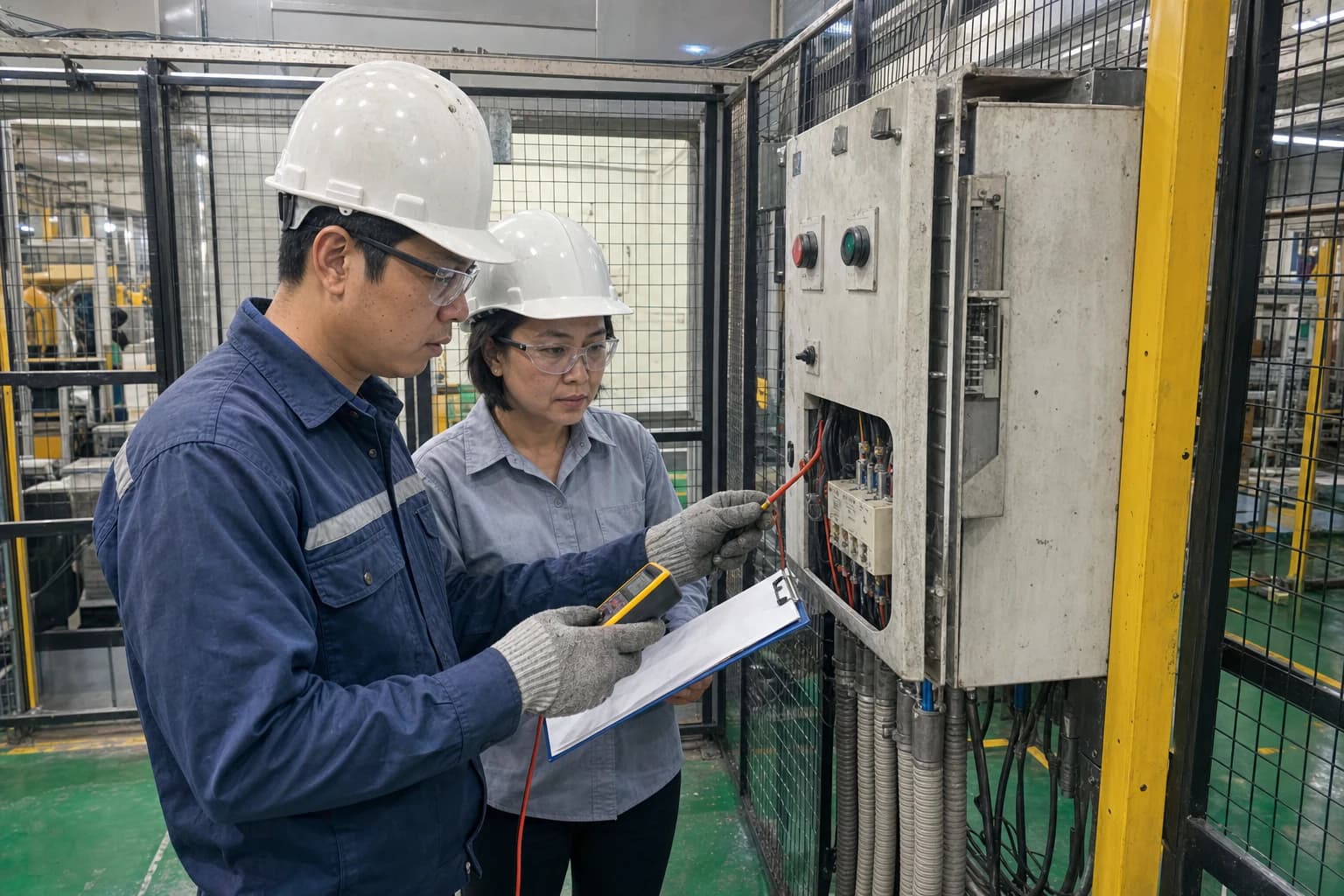 Kỹ sư OT và quản lý sản xuất đối chiếu kết quả kiểm tra kết nối tại tủ điều khiển