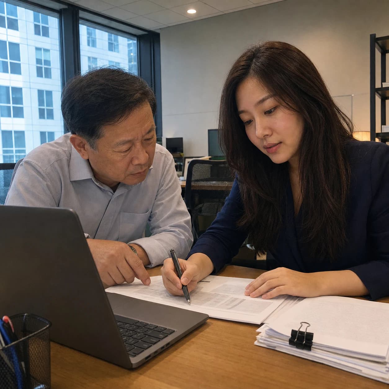 Chuyên gia ICS và đại diện khách hàng đối chiếu một điểm chưa khớp trong bộ hồ sơ bằng chứng