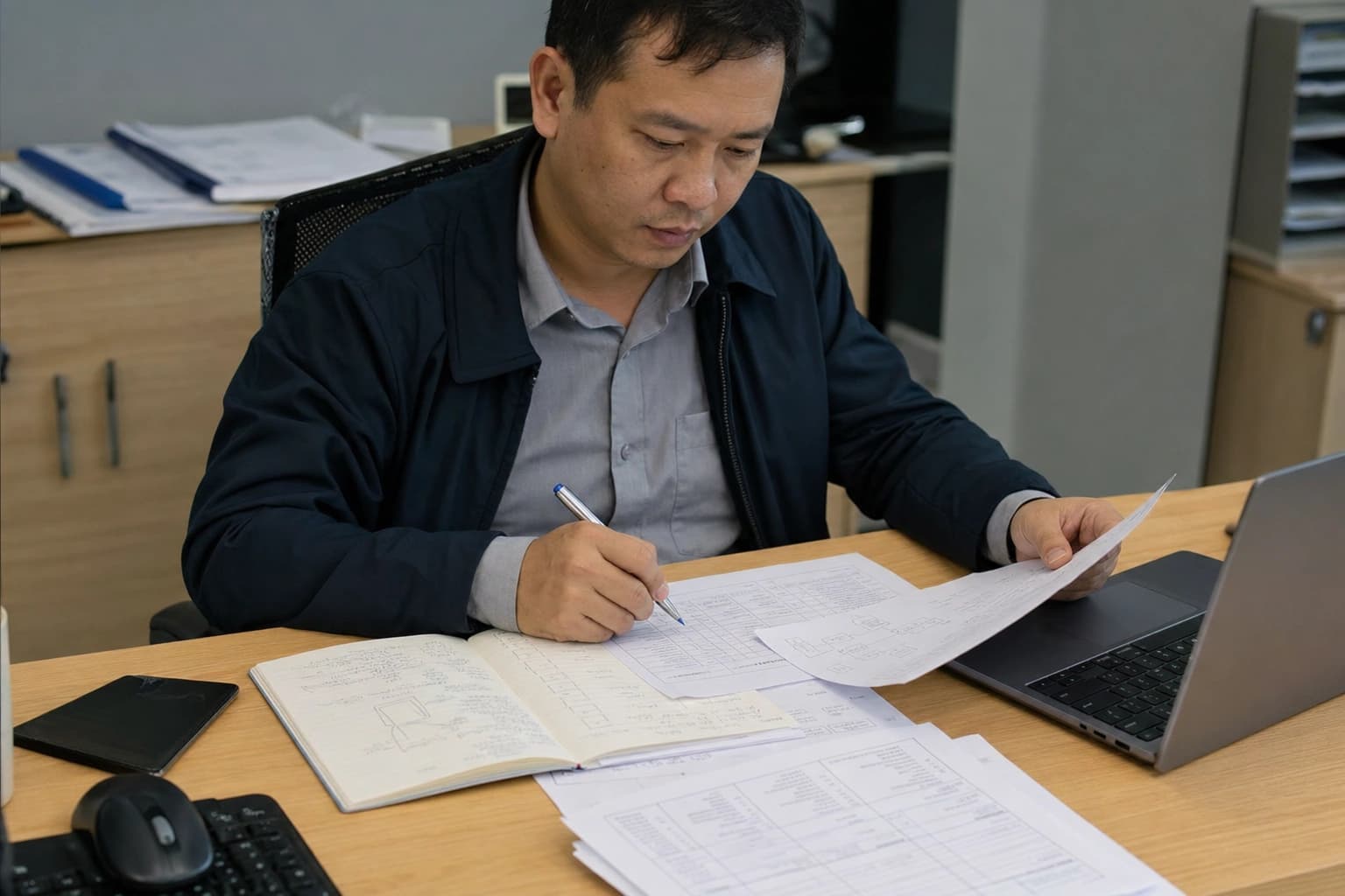 Chuyên gia an ninh đối chiếu checklist rủi ro với sơ đồ tài sản và ghi chú kiểm thử