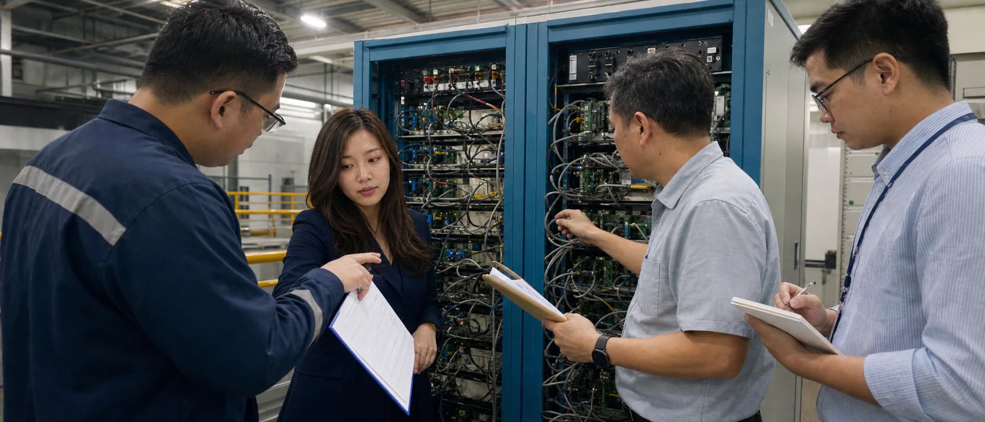 Chuyên gia ICS cùng đội kỹ thuật khách hàng hoàn tất kiểm tra quy trình bên cạnh tủ thiết bị