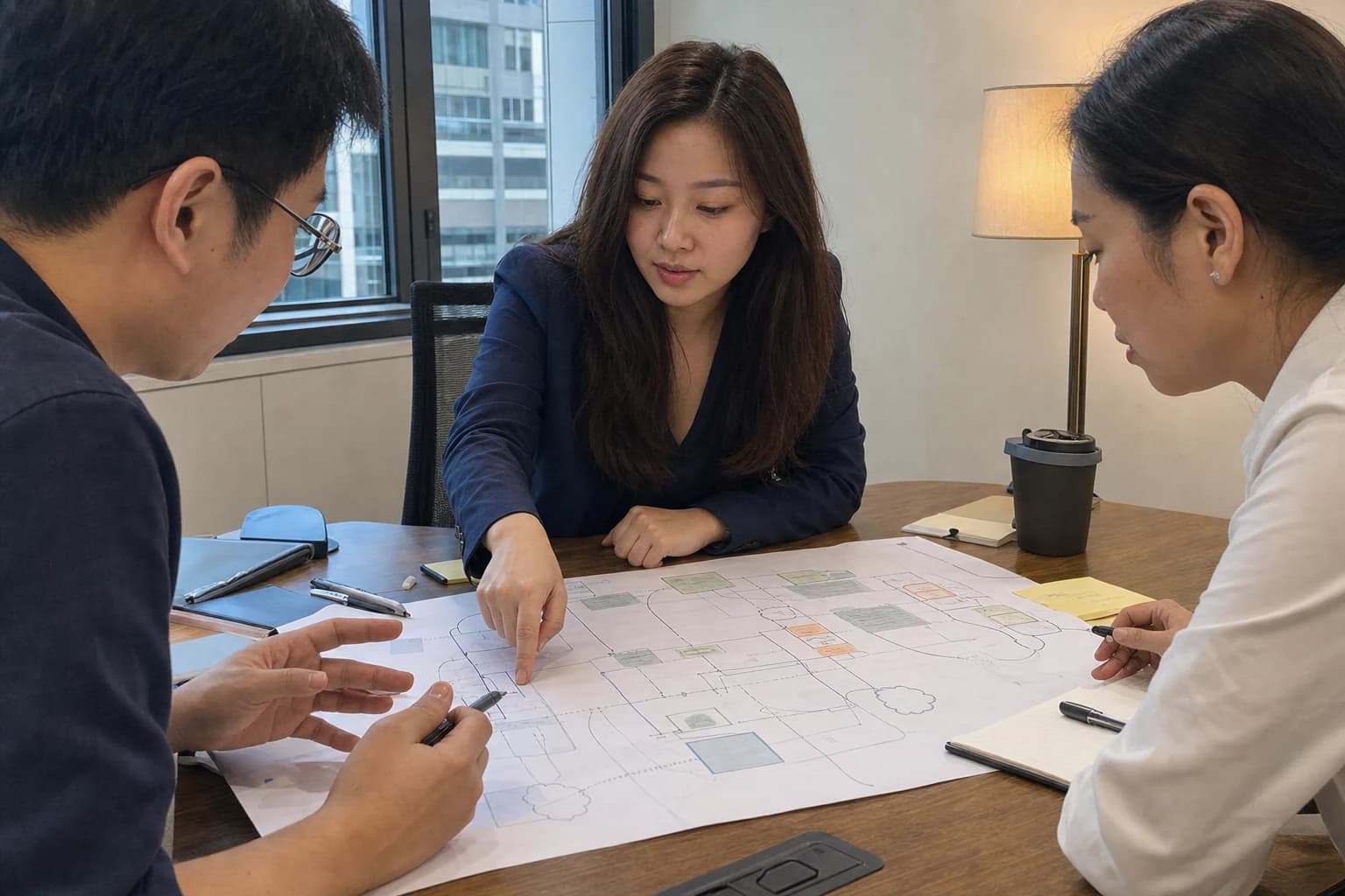 Chuyên gia ICS điều phối buổi khảo sát rủi ro với hai đại diện khách hàng quanh bản vẽ kiến trúc